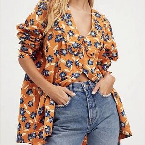 Free People Charlie Printed Button Down Gold Combo Size Small Bohemian Oversized